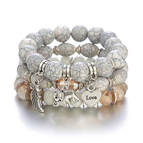 Caiyao Bohemian Beaded Bracelets Stackable Elephant Wing Love Heart Bracelet Set Multilayer Stretch Beaded Bracelets Boho Cute Elephant Charm Bracelets Jewelry Set For Women Girl-White #TOP28
