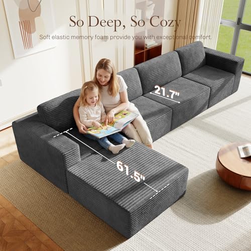 Image of Vesgantti 159 inch Large Modular Sectional Sofa, L-Shaped Corduroy Cloud Couch with Deep Seats & Spring Support, 4-Seater Boneless Sofa with Movable Ottoman, No Assembly Needed, Grey