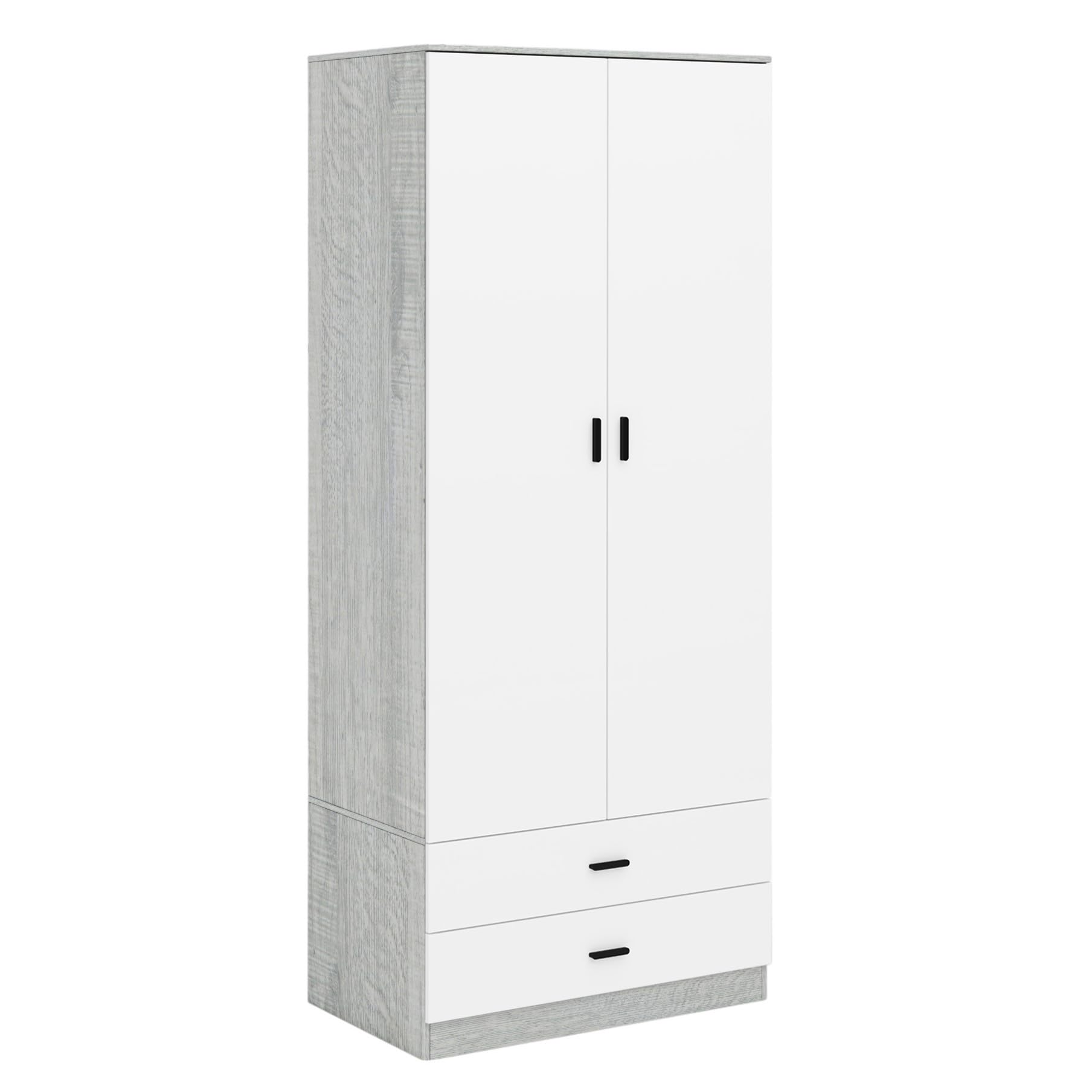 URBNLIVING Tall 2 Door Bedroom Wardrobe With 2 Drawers (Ash Grey Carcass + White Drawers)