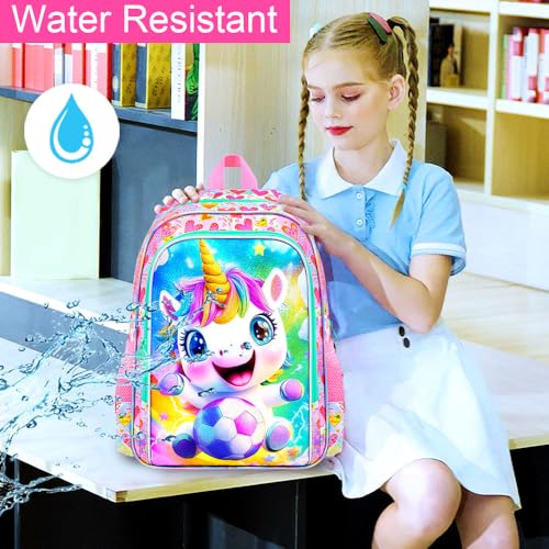 Image of HPJGD 3PCS Kids Unicorn Backpack for Girls, Soccer Bookbag Set with Lunch Box, Cute Water Resistant Elementary School Bag for Preschool Toddler - Pink Unicorn with Football