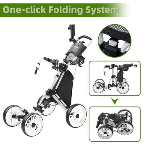 Image of Golf Push Cart 4-Wheels,Folding Golf Cart, Golf Pull cart with Cup Holder,Umbrella Holder,Cooler Bag, Foldable with one-Click,Handle Height Adjustable,Drink Holder,Walking Push cart