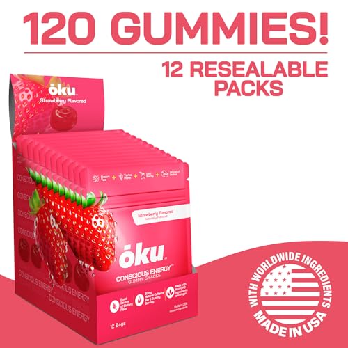 Image of ōku Energy Chews - Energy Gummies w /Natural Caffeine from Green Tea | Yerba Mate, Coconut Water for Hydration, 4g Fiber Gummy, Non-GMO | Running, Cycling, On-the-Go Snacks, Strawberry (12-Pack)