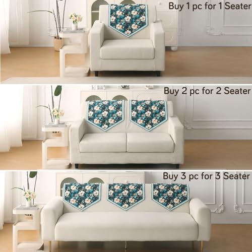 Image of HOKIPO 'Florentina Series' 1 PC Backrest Mat for Sofa Cover | Premium Multi-Needle Quilted Holland Velvet Mat with Anti Slip Backing, Pansies Teal (IN-877-V5*S)