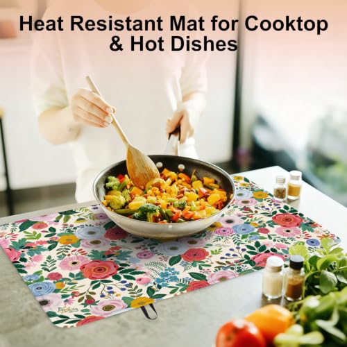 Image of Watercolor Flowers Stove Top Cover for Electric Stove, Flowers Rubber Stove top Cover, Heat Resistant Glass Cooktop Cover, Flat RV Range Protector Dish Drying Mat, Kitchen Farmhouse Decor, 28 inchx20 inch