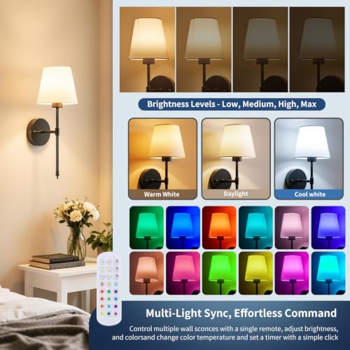 Image of Battery Operated Wall Sconces Set of 2, Wireless Battery Wall Light with 5200mAh Dimmable Bulbs with Remote,RGB15 Colors Wireless Wall Lamps for Bedroom Living Room Hallway Decor-Brass Black