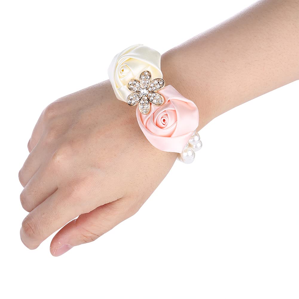ZHDOKA Wedding Wrist Flower, Bridesmaid Wrist Corsage Wristlet Beautiful Wedding Hand Flower with Pearl Tie, Artificial Rose Flower Bride Band Braceletfor Women Wedding Prom(Ivory with pink)
