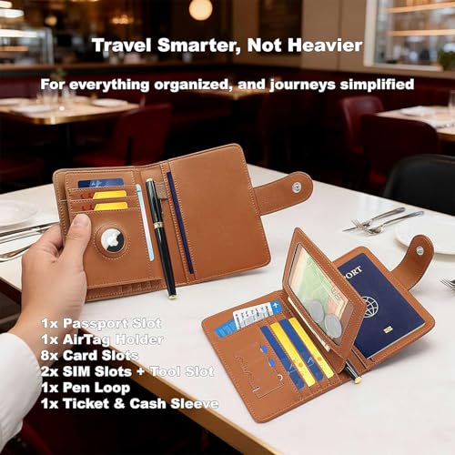 Image of Passport Holder for Travel, RFID Blocking Leather Airtag Wallet for Women Men, Large Passport Cover Essentials Gift, Tickets, Cash, Photo, Sim Card Pen Slot - Brown