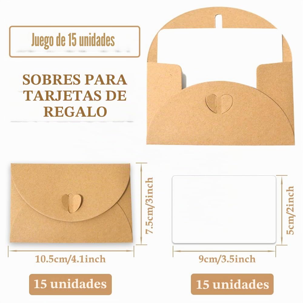15 Sobres de Papel Kraft con 15 Tarjetas de Papel en Blanco - Mini Sobres con Cierre de corazón para Tarjetas de Regalo DIY Graffiti