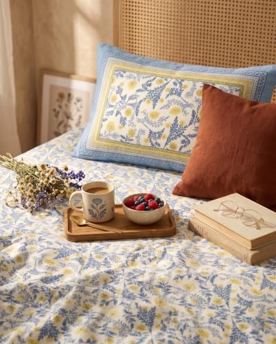 Image of Naksh Queen Size Bed Sheet Blue Floral Print 90 inch x 108 inch