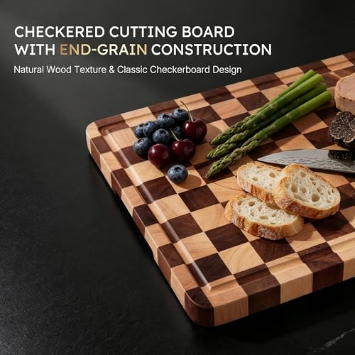 Image of Cutting Boards for Kitchen Checkered Cutting Board 24in Acacia Wood Charcuterie Board Serving Heavy Duty Non Toxic Slip Over Sink Butcher Block Wood Chopping Board with Juice Grooves Handles