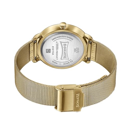Image of Sonata Sleek Light Yellow Dial Stainless Steel Strap Analog Watch for Women-8191YM01