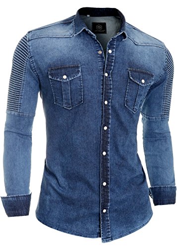 D&R Fashion Chemise en Jean pour Hommes Délavé Côtelé Extensible Haut M Bleu