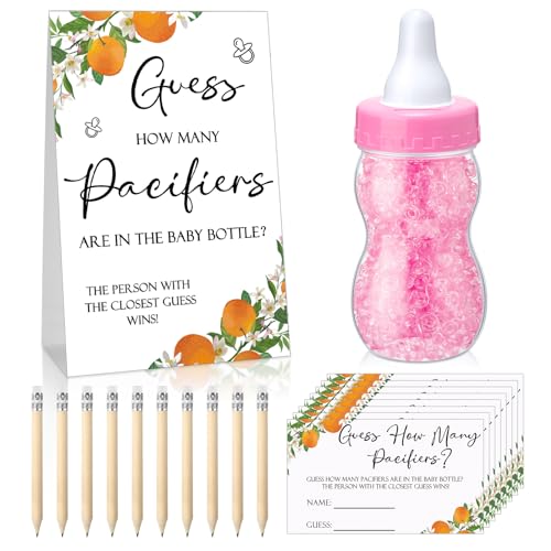 Image of Roowest 512 Pcs Baby Shower Games Guess How Many Pacifiers Sign 100 Small Guessing Games 10 HB Pencils 750ml Milk Bottle 400 Acrylic Pacifiers Decoration for Guest Gender Reveal(Pink,Orange)