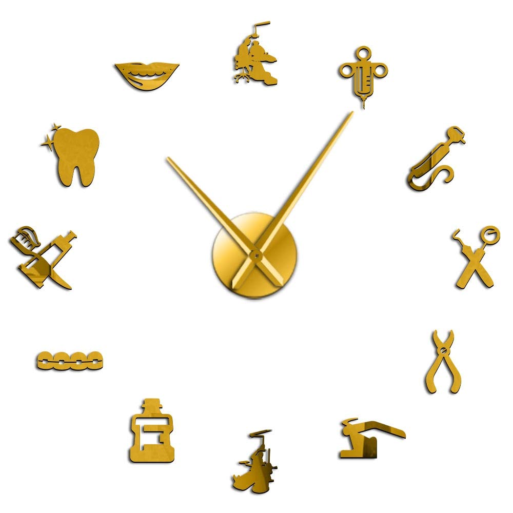 XDG Dentist DIY Giant Wall Clock Dental Doctor Large Wall Clock Big Needle Mirror Dentist Office Decor Dentist Gift Doctor Art(Golden,47in)
