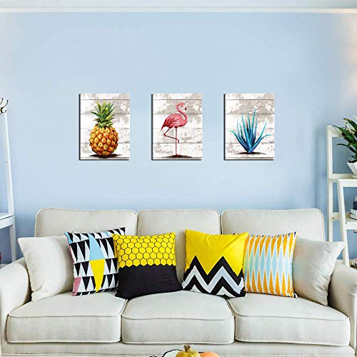 Levvarts - Rustic Canvas Prints Wall Art Tropical Pineapple Pink Flamingo Botanical Succulent Painting Wood Texture Picture Print On Canvas Stretched And Framed Bathroom Room Decor (12X16Inchx3Pcs) #TOP3