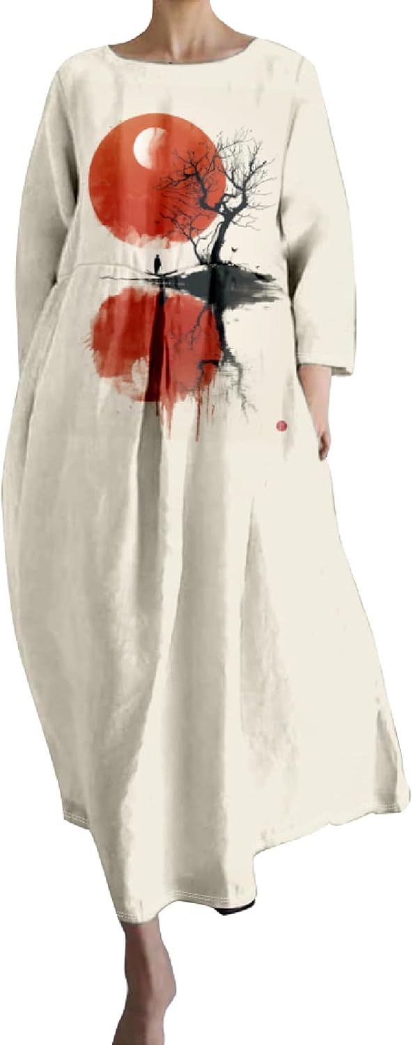 MARSVOVO Long Flowy Dresses for Women Casual Flowers Graphic 3/4 Sleeve Crewneck Boho Plus Size 2024 Summer Beach Dress