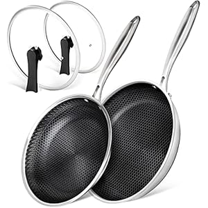 MICHELNAGELO Nonstick Frying Pans Set, Stainless Steel Frying Pan with Lid, 10 & 12 Inch Stainless Steel Pans with Honeycomb Coating, Large Frying Pan, Nonstick Skillet Induction Compatible