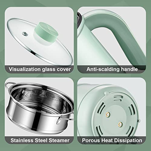 Smart Mini Electric Hot Pot W. Steamer Tray 1.7L Non-Stick Rapid Noodle Cooker 3 Power Level 5 Modes 600W Quick Cook 300W Low Heat 15W Keep Warm 6H Timer Delay Non-Stick Pan For Rice Soup Pasta Porridge Boiling Water, Green #TOP5