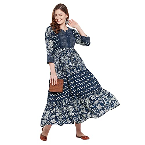 Image of Rangavali Mangalgiri Cotton Stylish Tiered Kurta 1 Piece Dress for Women | Indigo