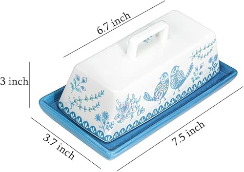 Miniatura 7 de Sizikato Mantequillera de porcelana con tapa, patrón de flores azules y pájaros, 7.5 pulgadas