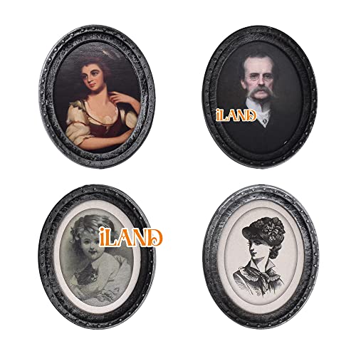 Iland Miniature Dollhouse Accessories For Victorian Dollhouse Furniture, Frames W/Printed Classical Paintings Set (4 Dark Brass Oval Frames W/ 4 Portraits) #TOP1