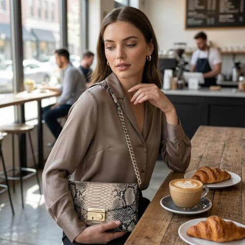 Image of Women's Retro Chain Shoulder bag Snake Print Purse, Leather Crossbody Bag Handbag Evening Bag,Envelope Clutch