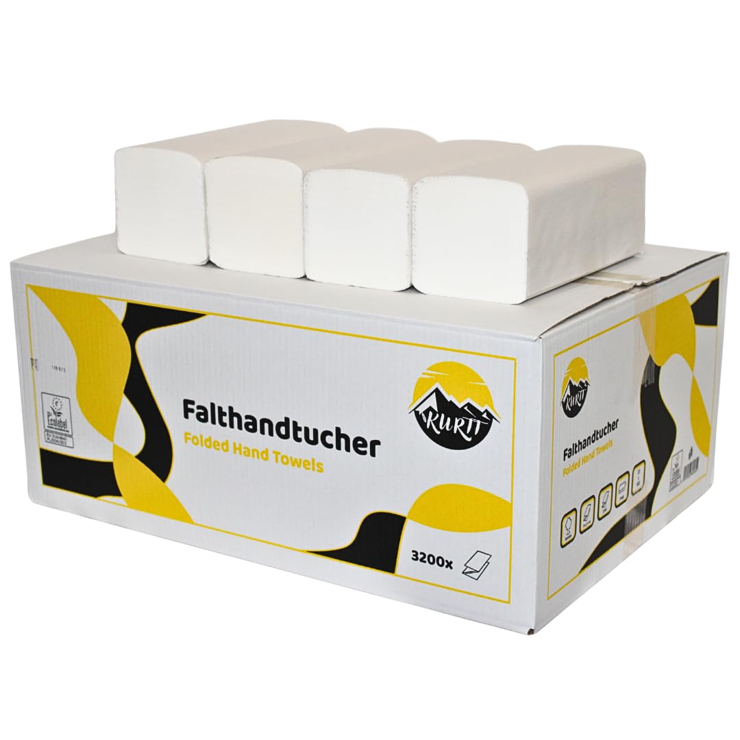 KURTT Papierhandtücher für Spender (zellulose tücher) | 2-lagig, 24 x 21 cm | 3.200 Blatt | ZZ/V-Falz geeignet für Handtuchspender in Toiletten, Büros, Praxen und Studios