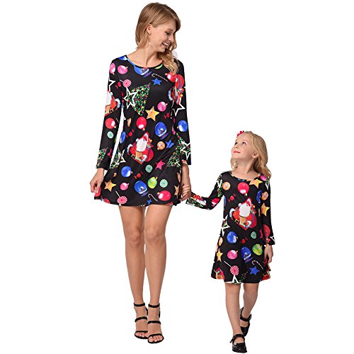 OBEEII Vestido de Navidad para Madre e Hija Familia Vestido Manga Larga Papá Noel Xmas Estampado...