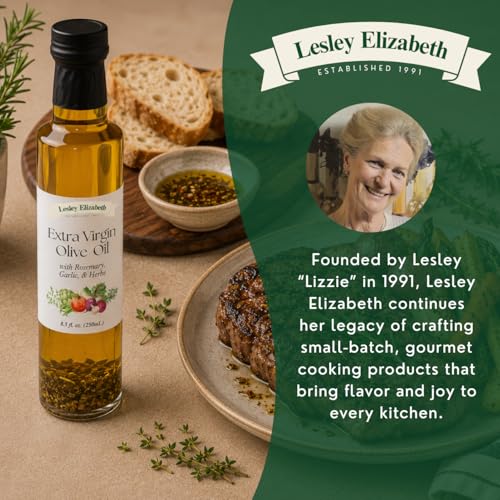 Image of Lesley Elizabeth Extra Virgin Olive Oil with Rosemary, Garlic & Herbs, 8.5 fl oz - Small-Batch Herb-Infused EVOO for Dipping, Roasting, Marinades & Everyday Cooking - All-Natural, Plant-Based Ingredients