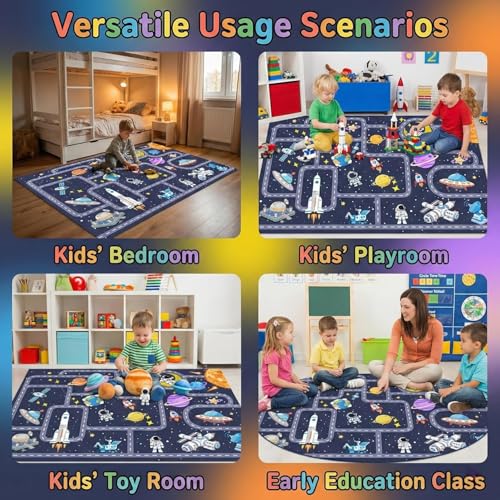Image of Space Rug for Boys Room 3x5 Feet, Solar System Kids Rugs for Bedroom, Non Slip Galaxy Play Mat, Educational Planet Carpet with Track for Playroom Nursery Classroom Decor