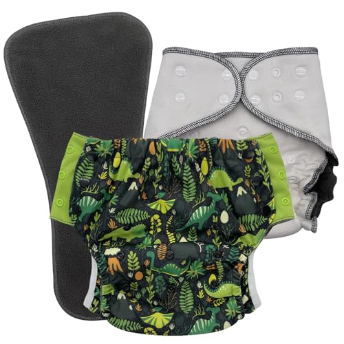 Special Needs Big Kids' Protective Briefs: Nighttime Cloth Diaper Set for Incontinence & Bedwetting, Age 6-16 Years (Dinosaur, Junior 2)
