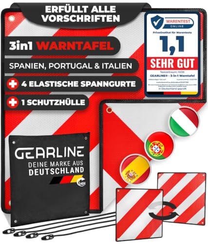 GEARLINE® 3-in-1 Warntafel für Italien, Spanien & Portugal [inkl. 4 Spanngurte & Schutzhülle] - Warnschild für Heckträger bei Reisen...
