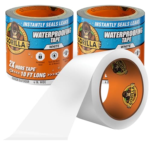 GORILLA Waterproofing Tape, Permanent Seal, White, 4" x 10', 2-Pa...