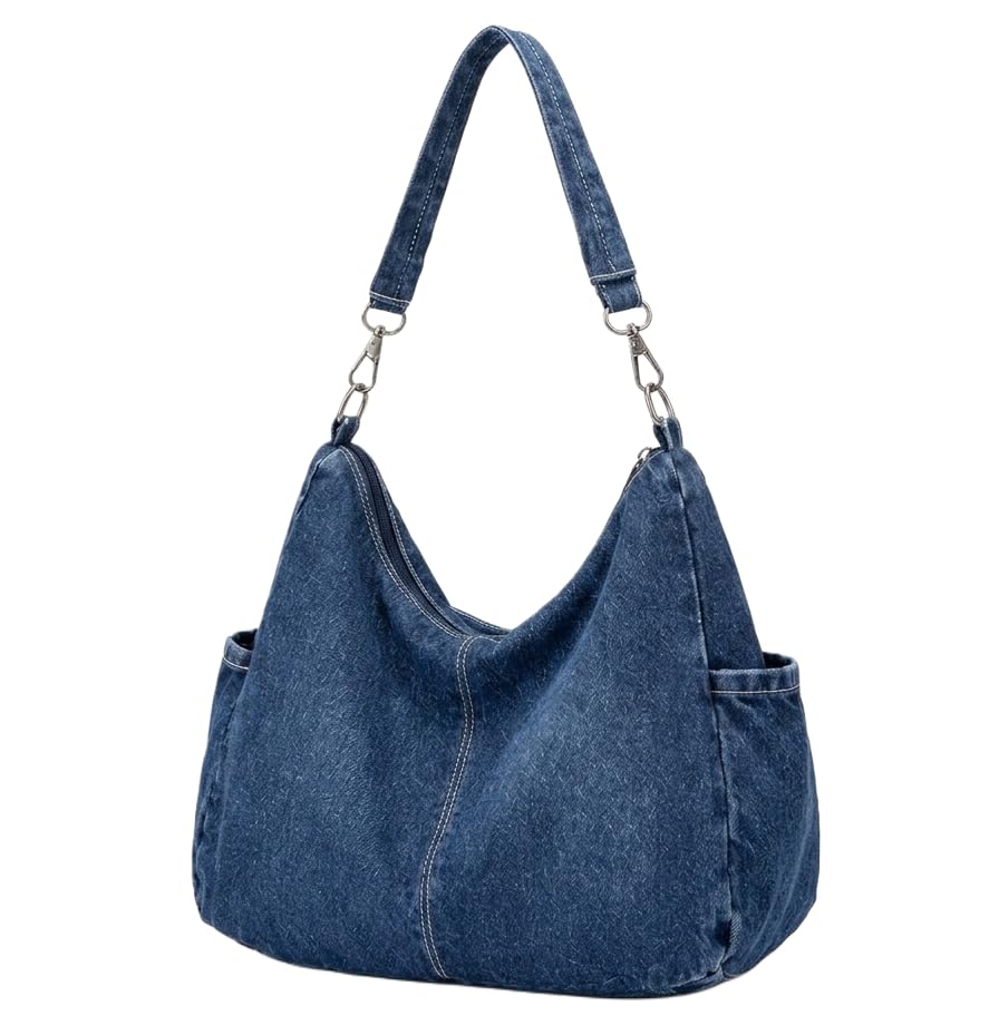 Women's Denim Shoulder Tote Bag | Casual Hobo Handbag with Zipper-image-8