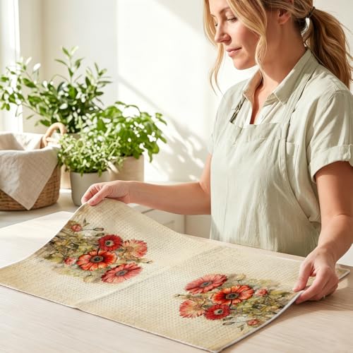 Image of 4Pcs Vintage Red Floral Kitchen Towels, Artistic Flower Decorative Absorbent Microfiber Dish Cloth Tea Towel, Durable Hand Towels for Farmhouse Home Bathroom, Housewarming Gifts