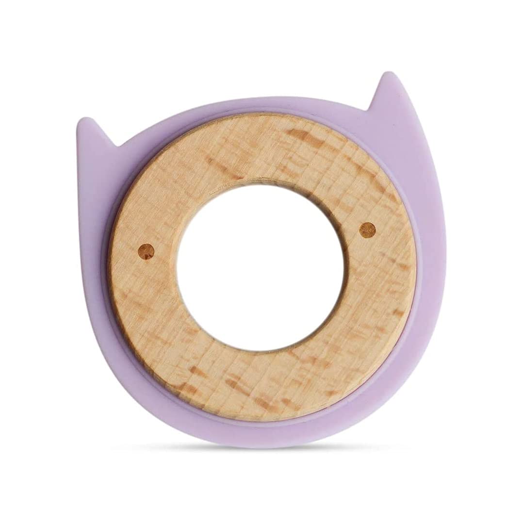 Little Rawr - Massaggiagengive in legno e silicone, senza BPA, per bambini, gattino/viola, taglia unica