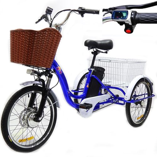 Elektrofahrrad Für Erwachsene: 20 Zoll Dreirad Mit 7 Gängen, 150 Kg Belastung, Großer Korb, Hupe + LED-Scheinwerfer, Für Tägliche Fahrten, Einkaufen Und Den Transport Von Waren Nach Hause Blue