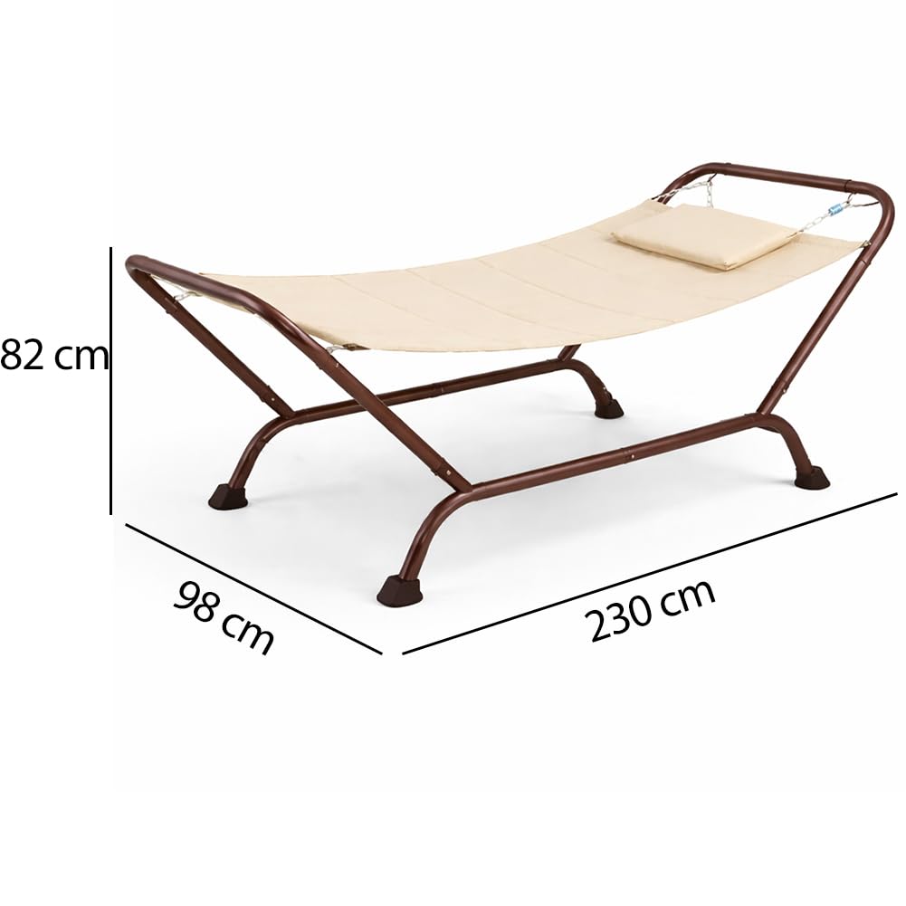 BAKAJI Amaca con Supporto in Metallo e 1 Cuscino Imbottito per Esterno, Telaio Resistente e Struttura Solida, Seduta Ergonomica, Ideale per Giardino, Patio, Terrazzo 230 x 98 x 82 cm (Beige)