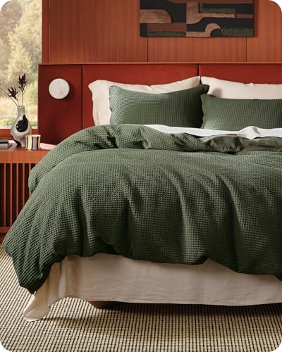 Bedsure Cotton Duvet Cover Queen - 100% Cotton Waffle Weave Olive Green Duvet Cover Queen Size, GentleSoft™ and Breathable Bedding Set for All Season, 3 Pieces, 90
