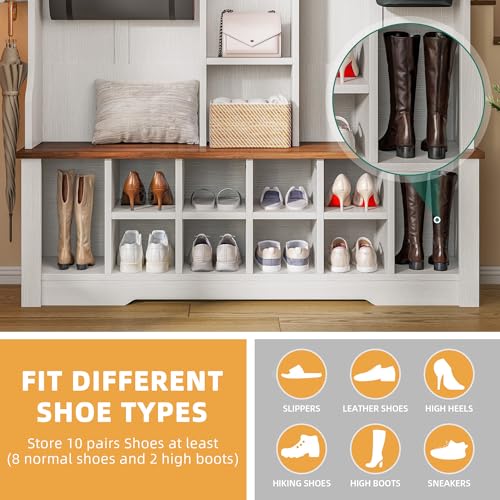 DWVO 59" Wide Hall Tree with Bench and Storage for Hallway Entryway, 10 Shoe Cubbies & 10 Coat Hooks, 4-Tier of Center Storage Open Cabinets, Coat Rack with Space for Bedroom Living Room (White)