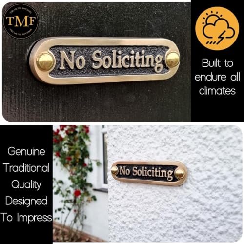 No Soliciting Brass Door Sign. Traditional Style Home Décor Wall Plaque Handmade By The Metal Foundry UK.