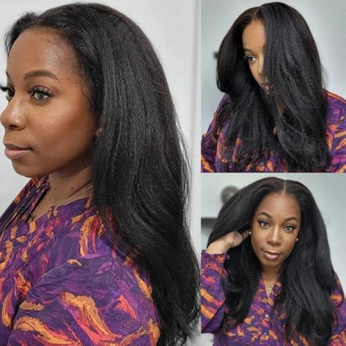 Image of Kinky Straight Lace Closure Wigs Human Hair Pre Plucked With Baby Hair 180% Density Yaki Straight wig 4x4 Transparent Lace Glueless Wigs For Black Women