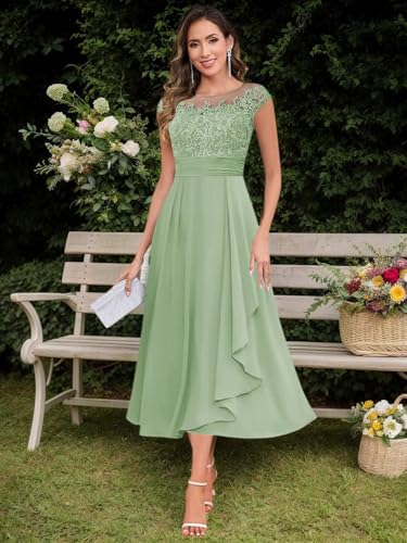 Mother of The Bride Dresses for Women Crew Neck A Line Tea Length Lace Chiffon Womens Formal Dress4