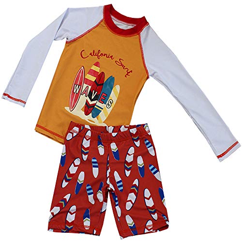 Boys Two Piece Rash Guard Swimsuits Kids Long Sleeve UV Sun Protection Sunsuit Swimwear Sets (Orange, 3-4 Years)