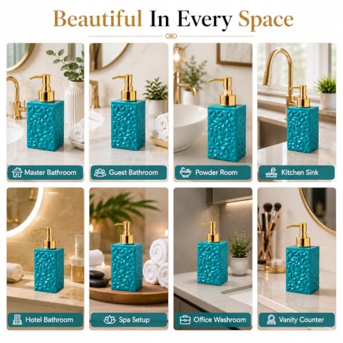Image of Quace Modern Textured Liquid Soap Dispenser for Bathroom & Kitchen Sink | Refillable Hand Wash & Lotion Pump Bottle for Home Decor (Teal Green)