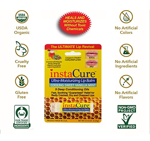 Instacure Savory Cooling Sweet Vanilla Mint Ultra-Moisturizing Natural Lip Balm Value 2 Pack With Manuka Honey. Advanced Formula Lip Repair. Fast, Soothing Relief For Cracked, Dry And Chapped Lips. #TOP3