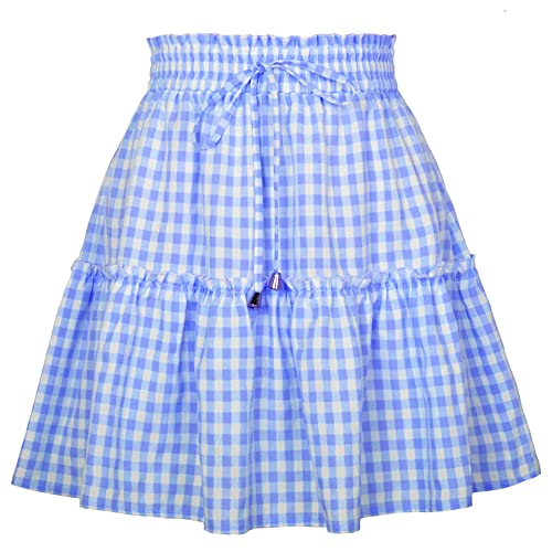 ebossy Women's 2025 Summer Plaid Gingham Elastic High Waist Flowy Swing Boho Tiered Ruffle Mini Skirts