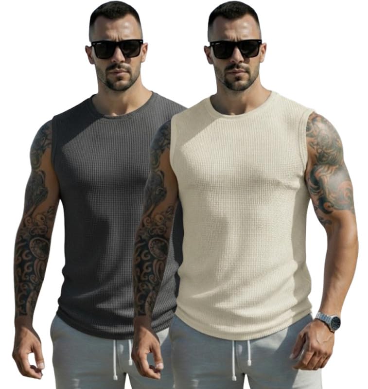 Men's Polycotton Waffle Tank Tops Sleeveless Round Neck T-Shirt for Gym, Running and Outdoor Combo Pack of 2-image-48