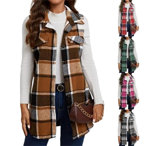 Plaid Vest for Women Sleeveless Curved Hems Long Cardigan Coat Casual Lapel Waistcoat Comfy Button Down Shirt Jacket