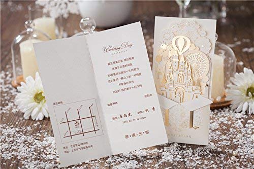 Jofanza 50 Pieces Wedding Invitations Cards 4.1"X8.5" Laser Cut 3D Fairy Gold Gilding Bride And Groom In Castle Invitation For Engagement Bridal Shower Anniversary Marriage Mr Mrs Invites #TOP4